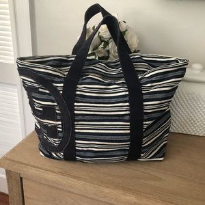 Tory Burch denim striped canvas tote bag